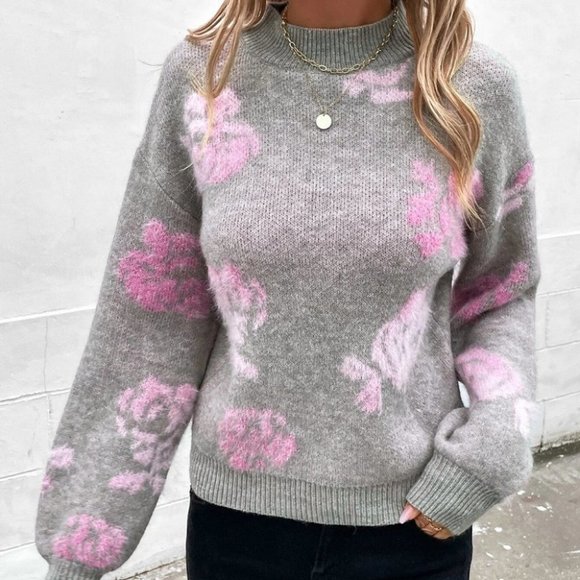 Grey Casual Womens Floral Pattern Mock Neck Drop Shoulder Sweater - Picture 1 of 5